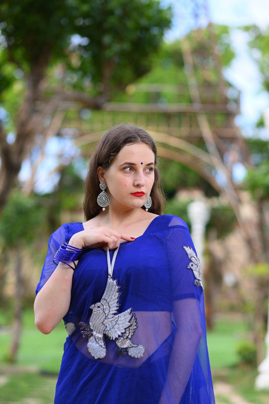 Unicorn Royal Blue Pure Silk Organza Saree - Ensembles