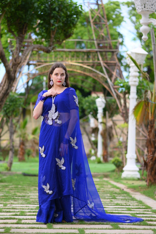 Unicorn Royal Blue Pure Silk Organza Saree - Ensembles