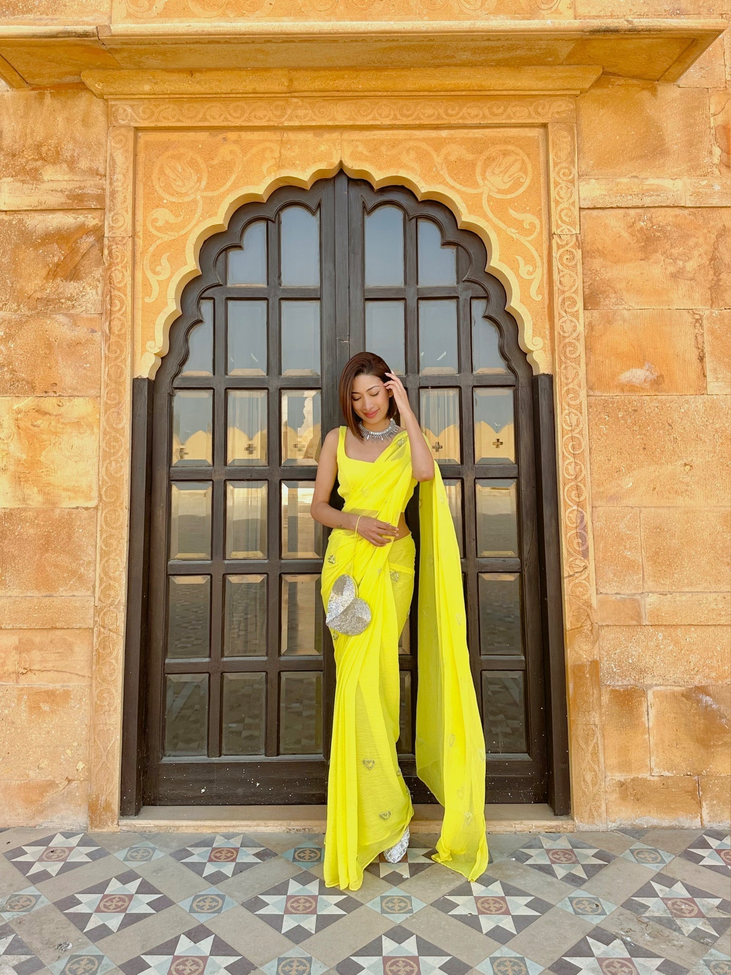 Yellow Silver Heart Chiffon Saree - Ensembles