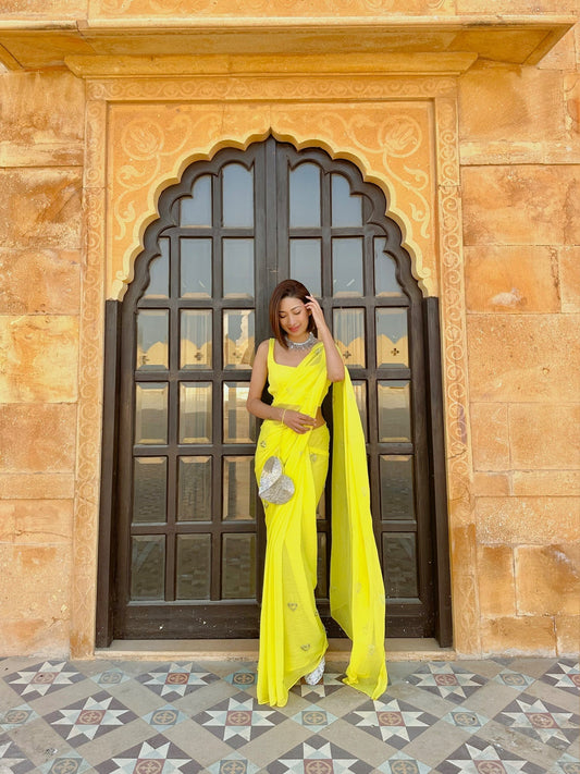 Yellow Silver Heart Chiffon Saree - Ensembles