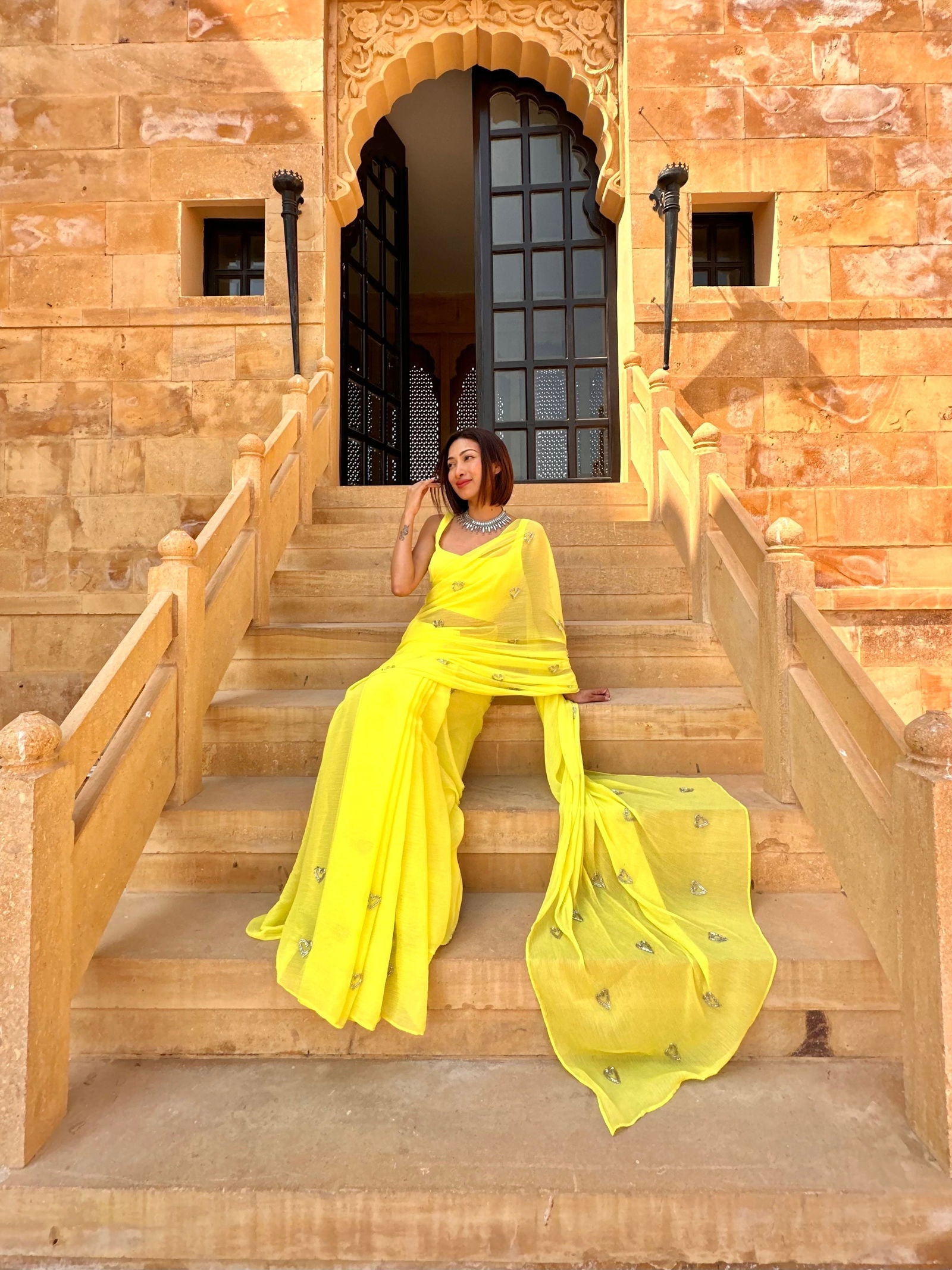 Yellow Silver Heart Chiffon Saree - Ensembles