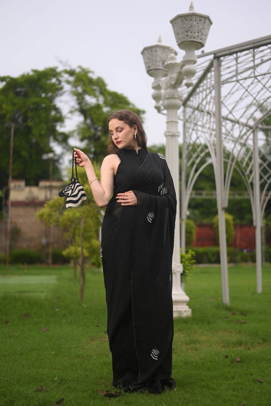 Zebra Black Viscose Saree - Ensembles